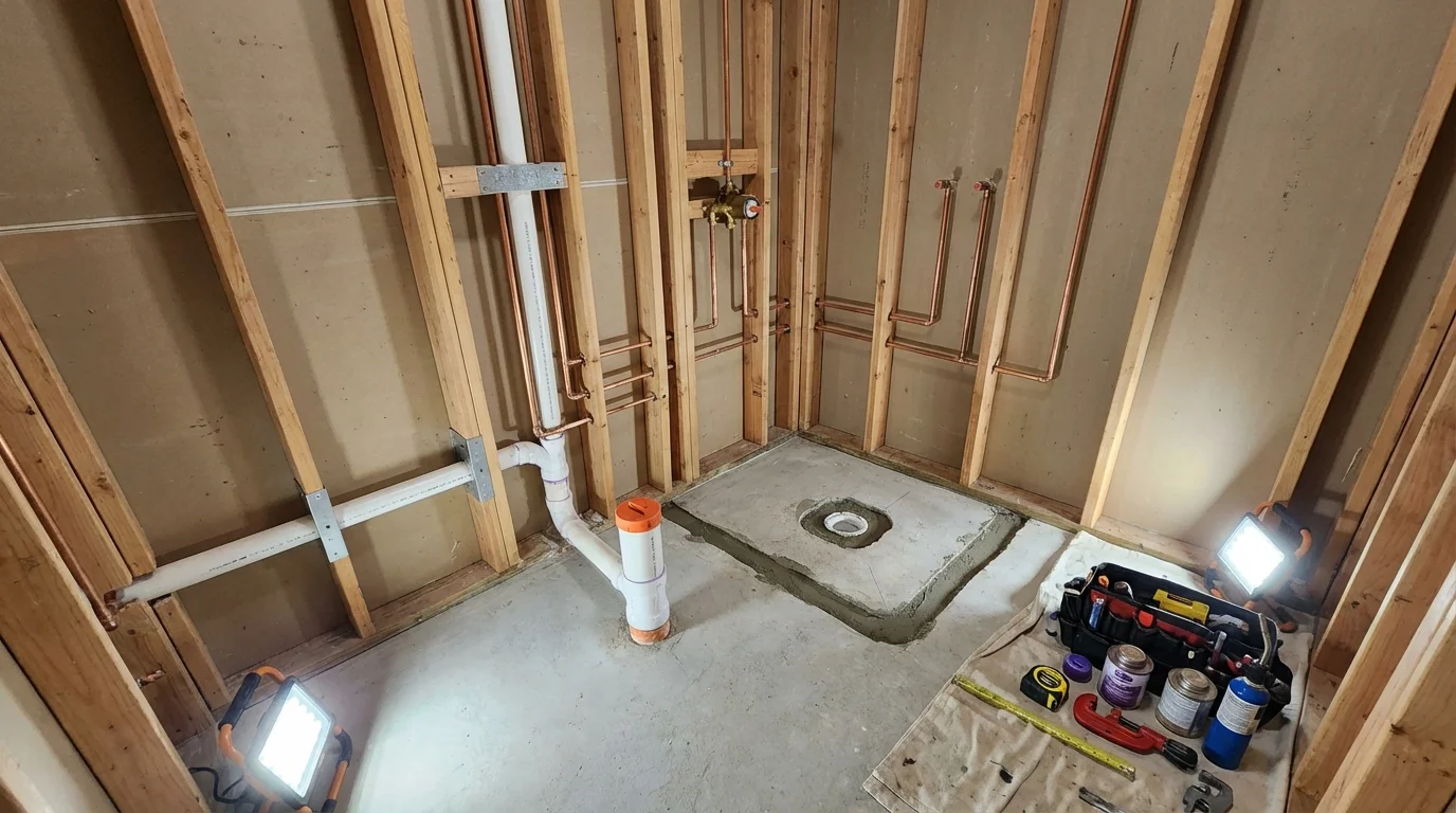Bathroom rough-in plumbing during remodel by Johns Plumbing LLC in Saint Ann