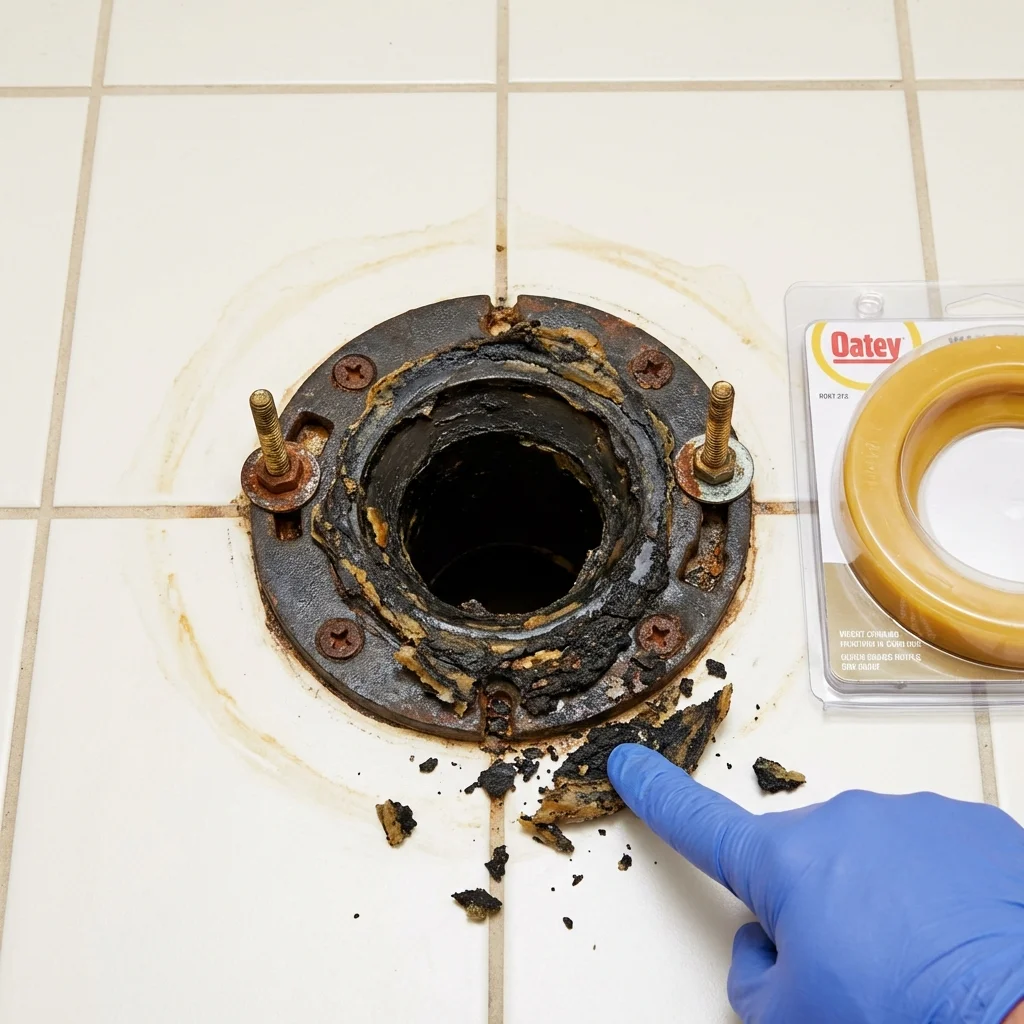 Failed wax ring showing water seepage at the base of a toilet in a Saint Ann, MO home