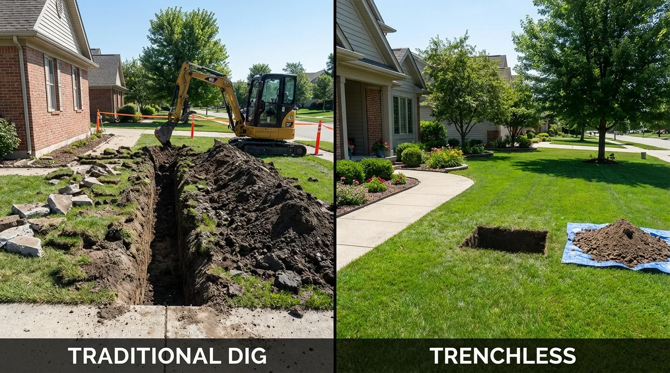 Trenchless sewer repair with minimal yard damage versus traditional excavation in Saint Ann, MO