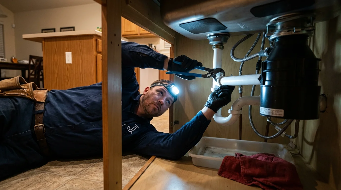 P-trap and supply line connections under a kitchen sink showing a common leak point in Saint Ann, MO